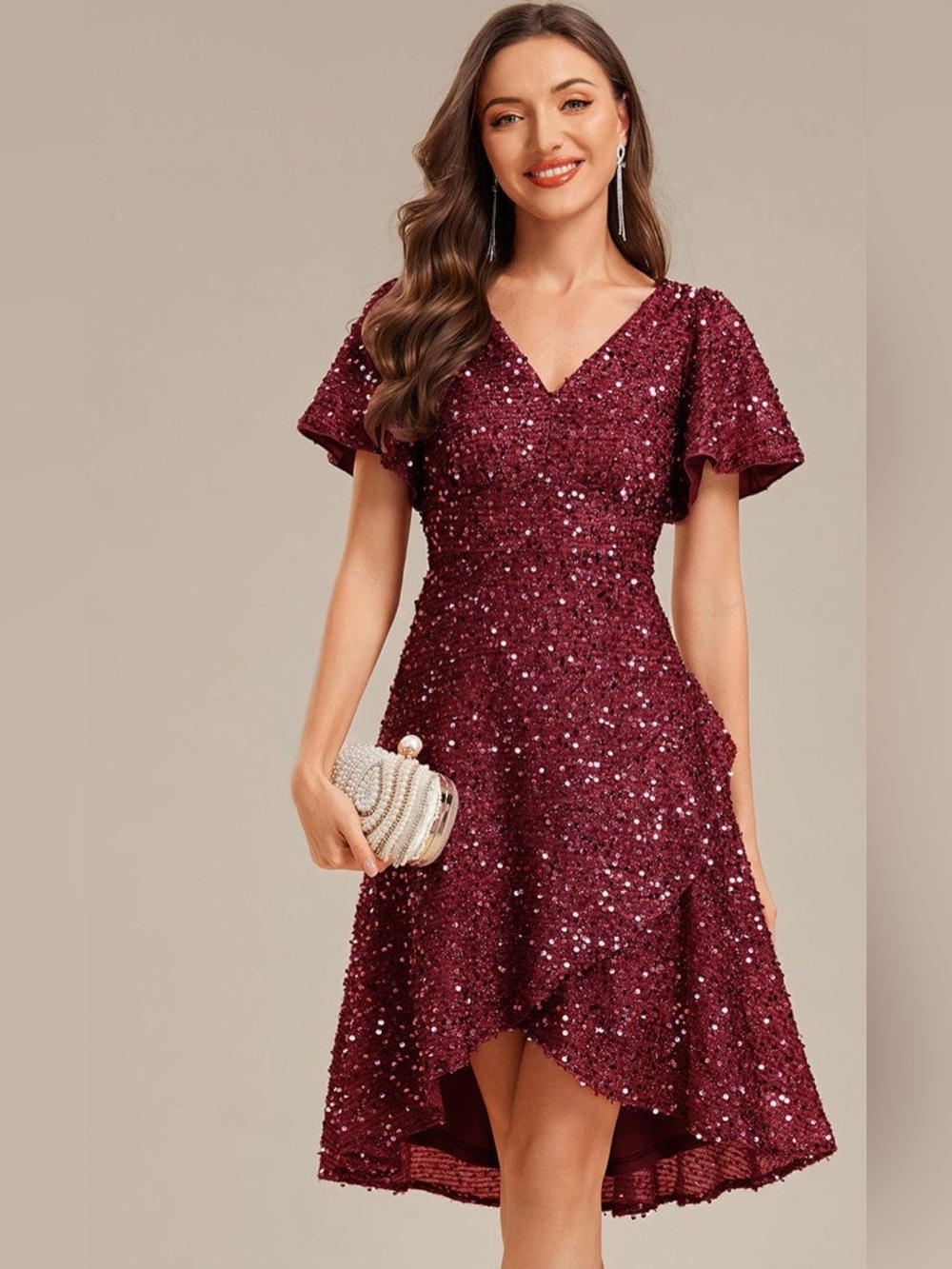 Ever Pretty Sequin Midi Dress in Burgundy